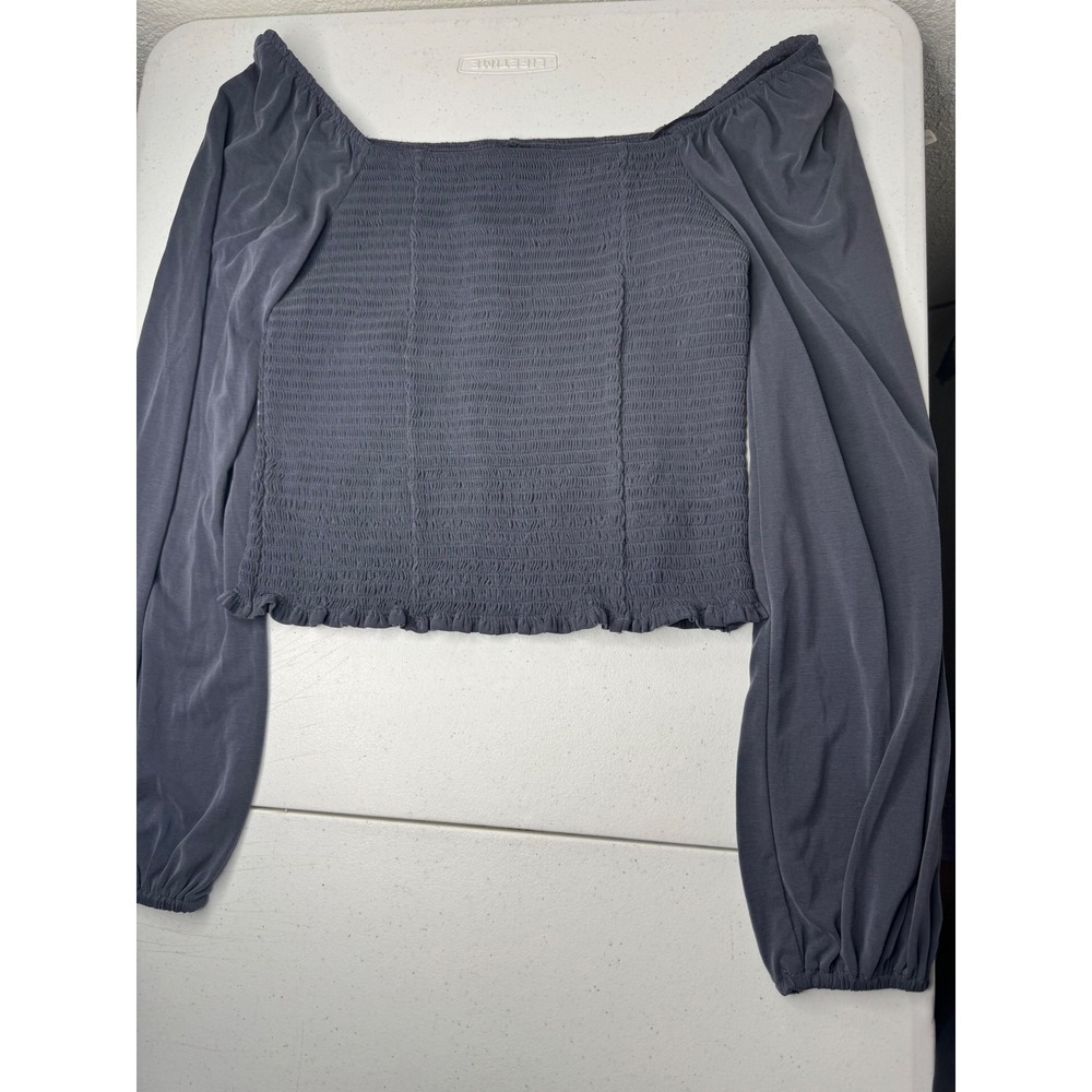 Lucky Brand Gray Smocked Long Sleeve Crop Top Square Neck Boho Blouse Small